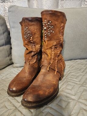 AS 98 Clein Dbl. Zipper Star Studded Sleeve Moto Bloc Brown Leather Boot 40